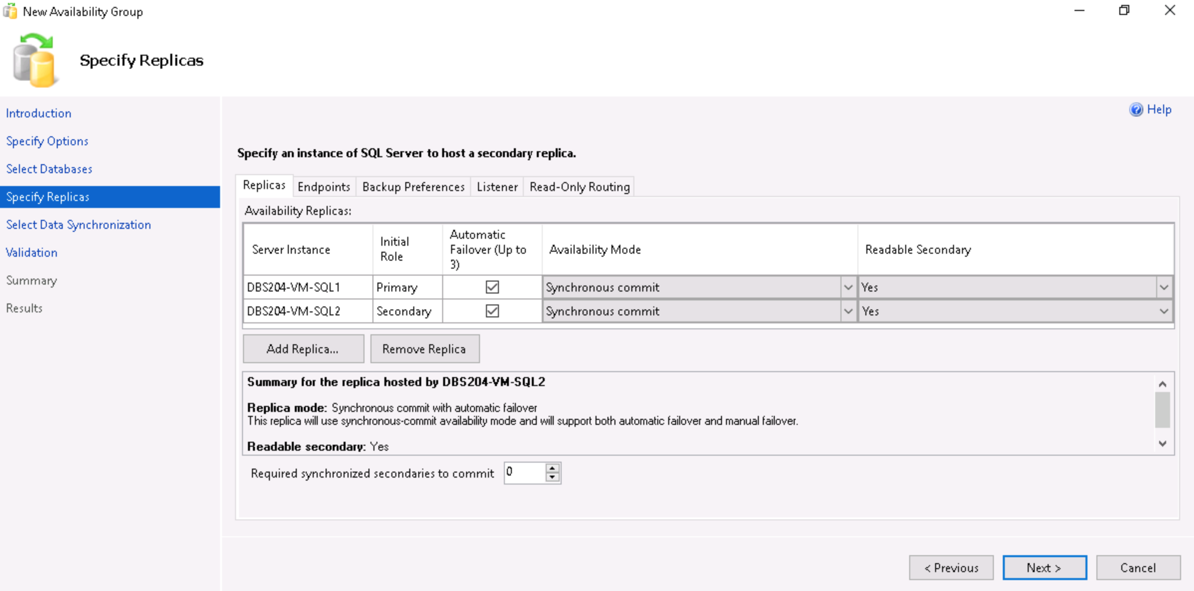 Setting up an Availability Group through the GUI: Step 6