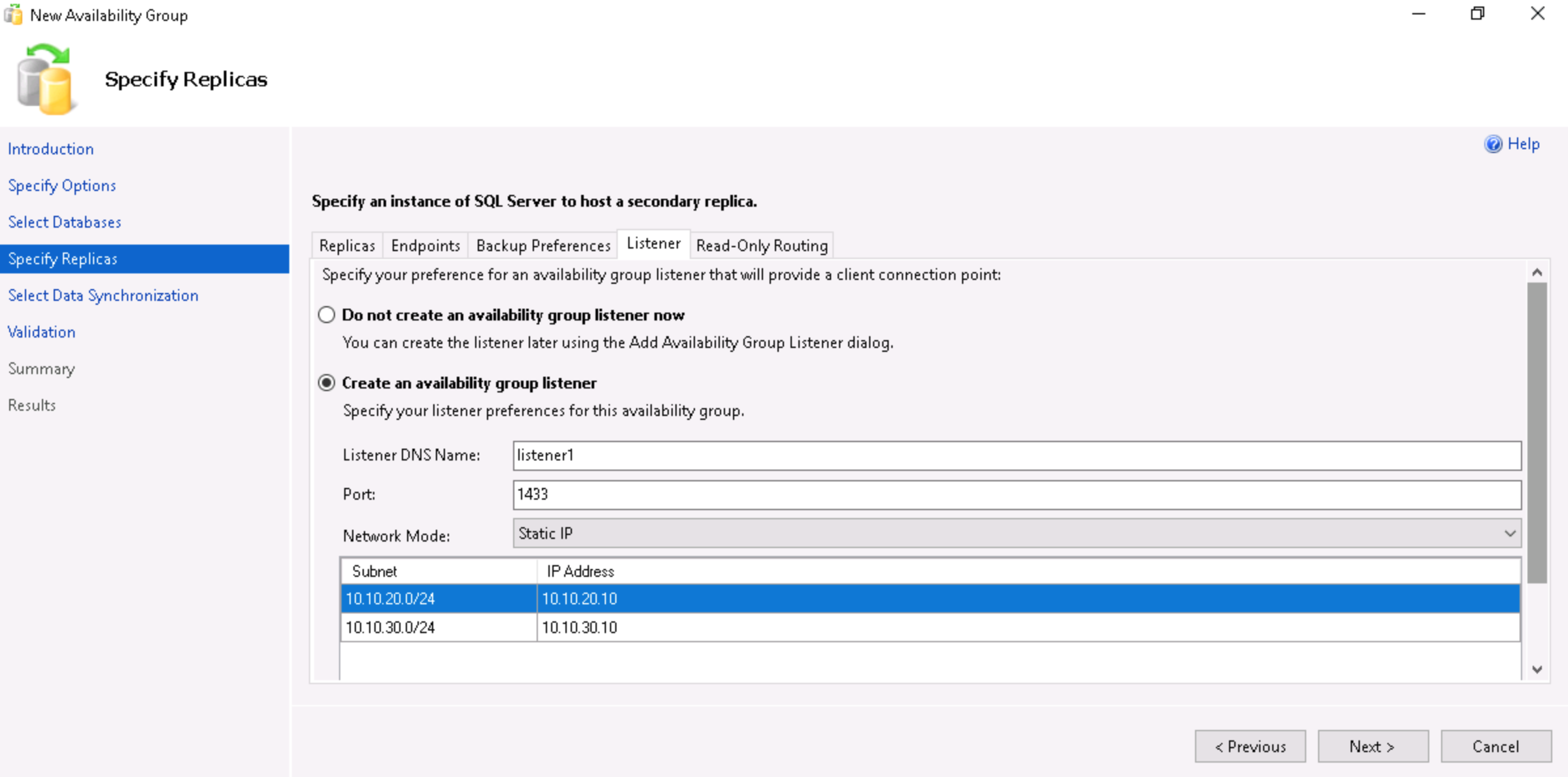 Setting up an Availability Group through the GUI: Step 8